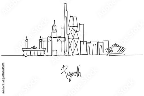 single line drawing city skyline of Riyadh theme, featuring Kingdom Centre and Al Faisaliyah Tower, modern business concept with minimalist outline highlighting capital architecture and skyline.