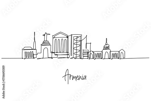 single line drawing city skyline of Armenia theme, national heritage concept with Yerevan monuments and modern towers, minimalist outline celebrating Caucasus culture and enduring architecture.