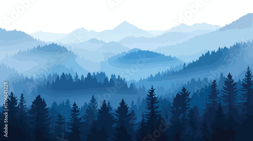 Blue Mountain Layers and Pine Forest Under a White Sky mountains hills.