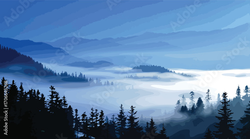 Blue toned misty valley with evergreen forest and distant mountains vector illustration.