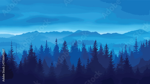 Dark Blue Forest Silhouettes Against a Layered Mountain Horizon and Sky trees pine.