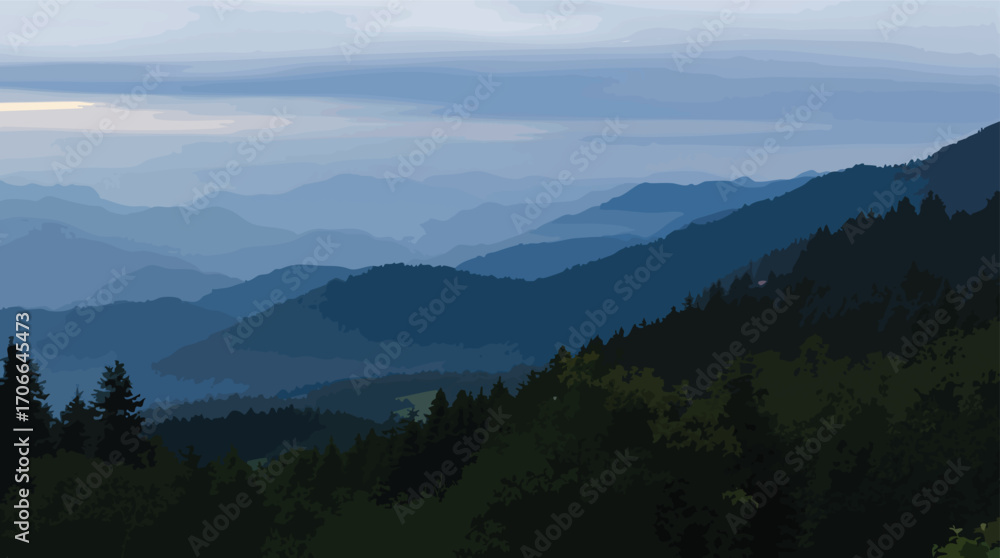 Fototapeta premium Misty blue mountain range with dark green forest in the foreground under a cloudy sky mountains.