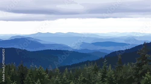 Layered Blue Mountains and Forest Vista Under a Cloudy Sky hills trees.