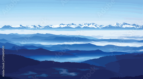 Majestic Snow- Capped Mountain Peaks Above Blue Mountain Layers and a Distant Lake mountains snow-capped.