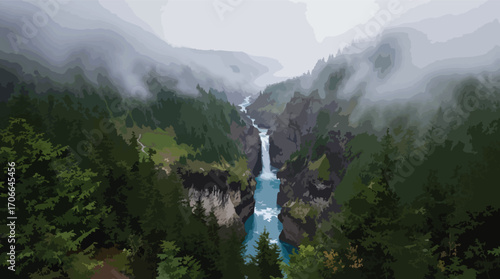 Majestic waterfall cascading down a rocky gorge surrounded by dense evergreen forest and mist canyon.
