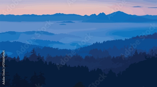 Misty blue mountain layers at dusk with silhouetted pine trees in the foreground mountains landscape.