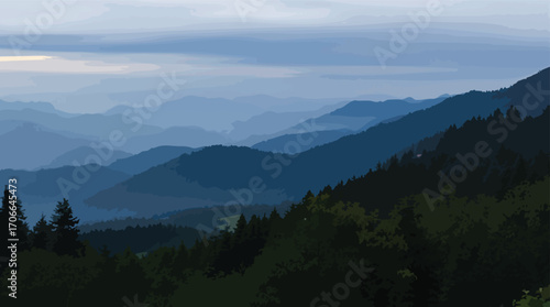 Misty blue mountain range with dark green forest in the foreground under a cloudy sky mountains.
