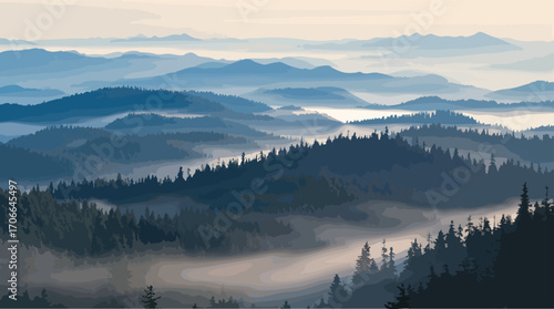 Misty Blue Mountain Valleys and Forests at Dawn with Soft Light mountains trees.