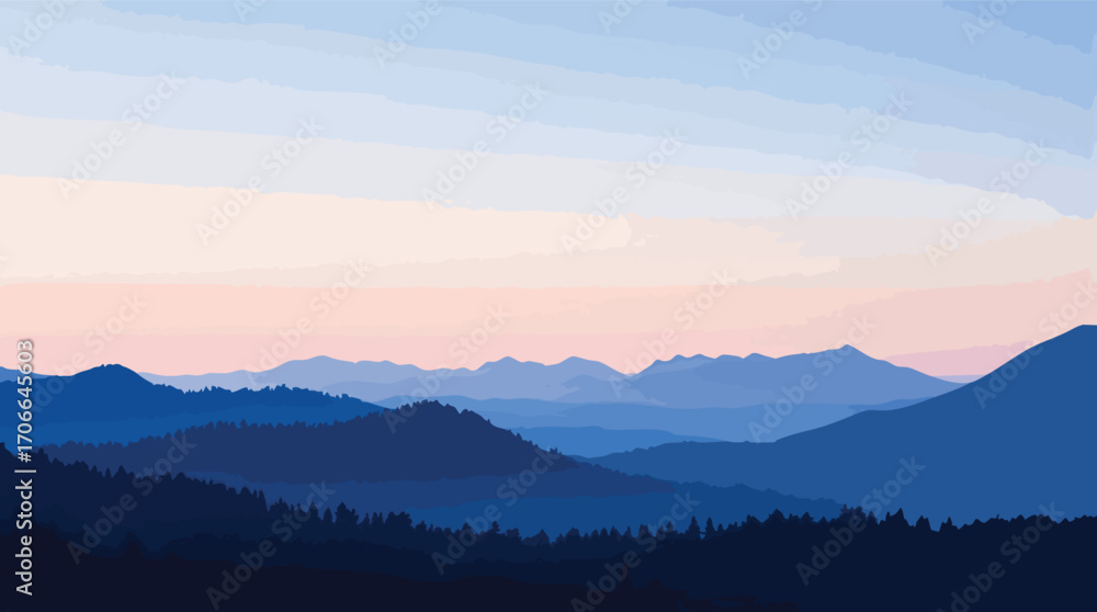 Obraz premium Serene Mountain Range Silhouette at Dusk with Pastel Sky and Forested Hills vector illustration.