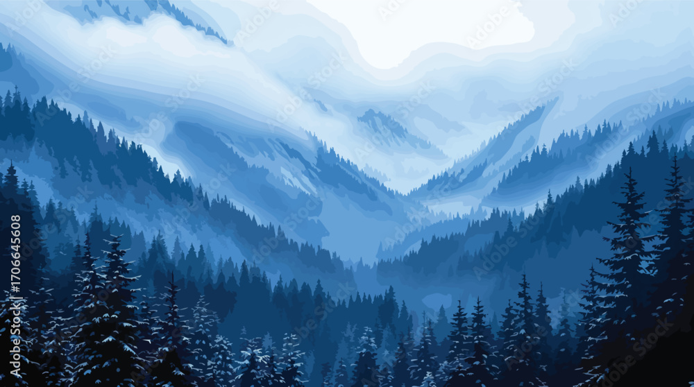 Fototapeta premium Snow Covered Evergreen Forest And Misty Blue Mountain Valley Landscape.