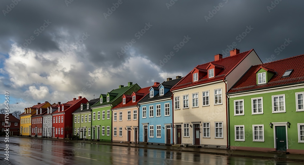 Fototapeta premium Row of colorful European houses with red roofs and wet street row houses colorful houses