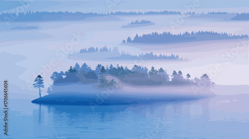Serene blue lake with islands covered in trees and reflections under a hazy sky water forest.