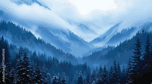 Snow Covered Evergreen Forest And Misty Blue Mountain Valley Landscape.