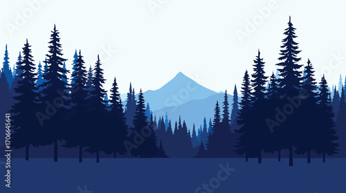 Silhouette of dark blue pine forest against a pale blue sky with a distant mountain peak pine trees.