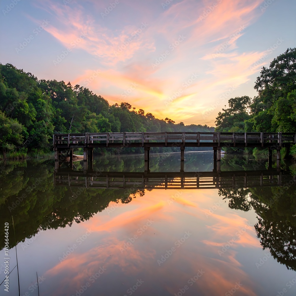 Fototapeta premium Serene sunrise over a tranquil lake with a wooden bridge