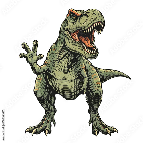 An angry T-Rex in a vintage illustration style, standing with its mouth open and one hand raised against a clean white background.