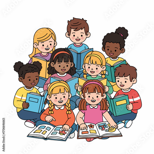 Diverse group of children happily reading various books together.