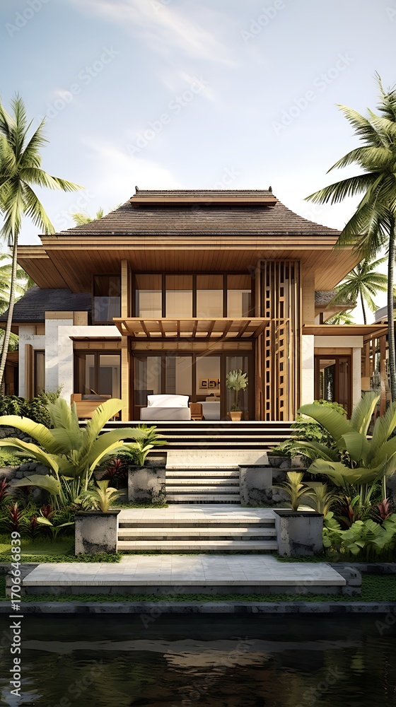 Fototapeta premium Tropical haven: contemporary villa amidst lush foliage offering serene living experience