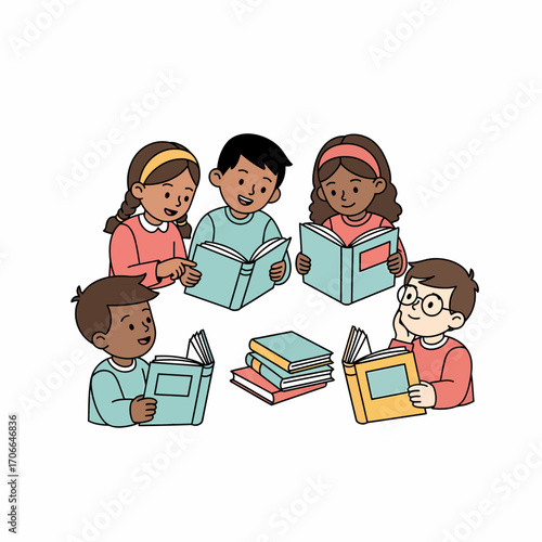 A diverse group of five young children sitting in a circle on the floor, happily reading books together.
