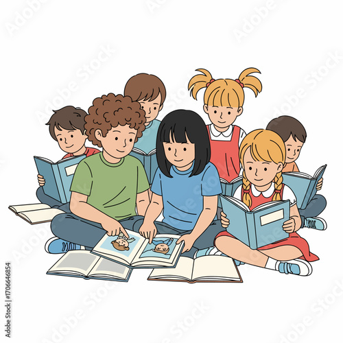 Group of children sitting together, reading books and enjoying the stories in a classroom setting.