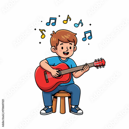 Cartoon boy happily playing a red acoustic guitar with musical notes floating around him.