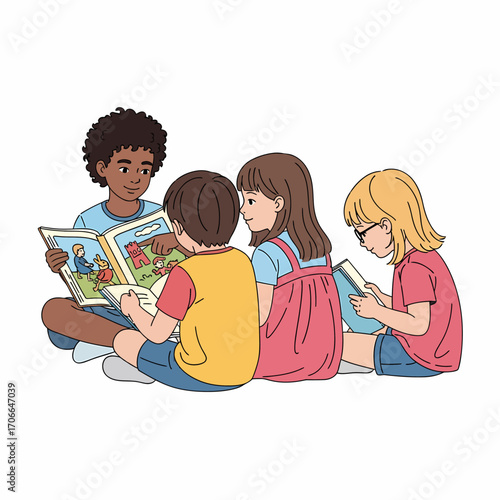 Four diverse young children sitting on the floor, engrossed in reading books together, sharing stories and learning.