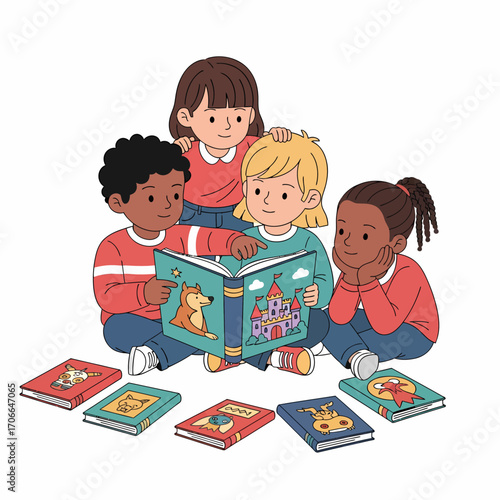 A diverse group of four young children sitting together on the floor, happily reading a large picture book with other books around them.