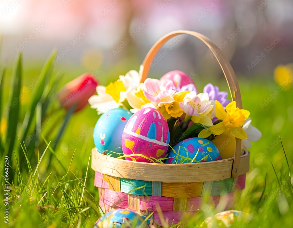 Fototapeta premium A festive wicker basket overflowing with decorated Easter eggs and bright spring blooms like tulips and daffodils on a sunlit lawn