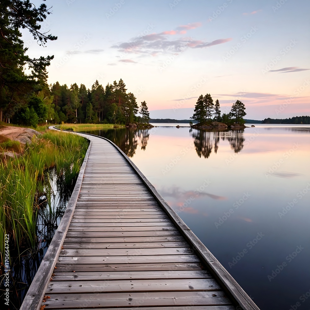 Naklejka premium Serene wooden boardwalk by a tranquil lake at sunrise