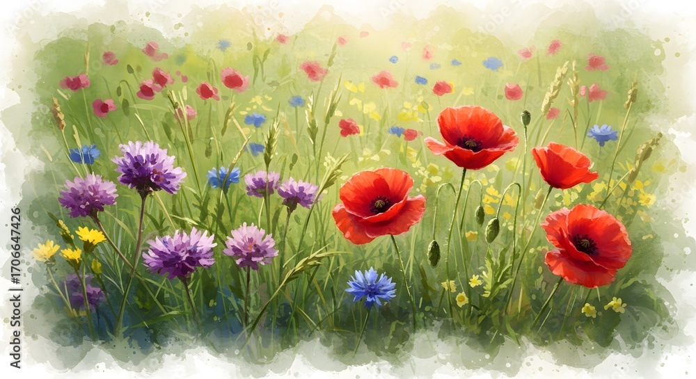 Obraz premium Watercolor painting of vibrant wildflowers including red poppies blue cornflowers and purple cornflowers set in a green meadow