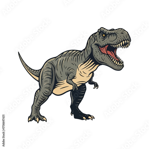 Vintage-style illustration of an angry T-Rex with its mouth open, showcasing sharp teeth against a clean white background.