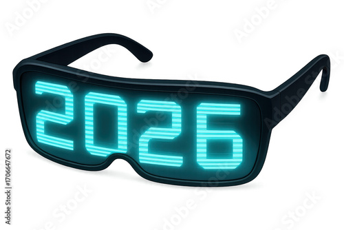 Futuristic glasses displaying 2026 on transparent background