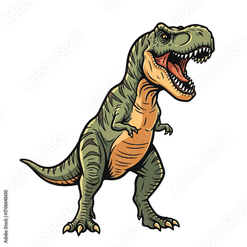 Vintage-style illustration of an angry T-Rex with green and orange hues, standing aggressively with mouth open on a clean white background.
