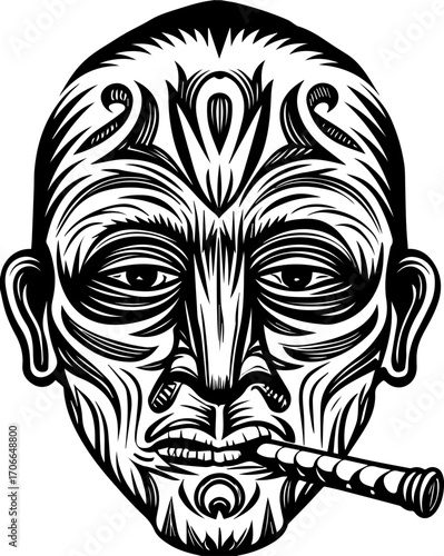 SVG tattoo portraits of ghostly sailors with skull motifs. Intricate Black and White Tribal Face Design with Smoking Pipe
