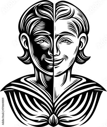 SVG tattoo portraits of ghostly sailors with skull motifs. Artistic Illustration of a Dual-Faced Character with Contrasting Features