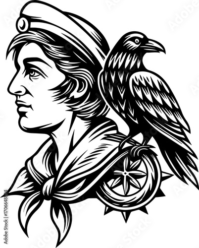 SVG tattoo portraits of ghostly sailors with skull motifs. Sailor Portrait with Raven and Nautical Elements in Vintage Style