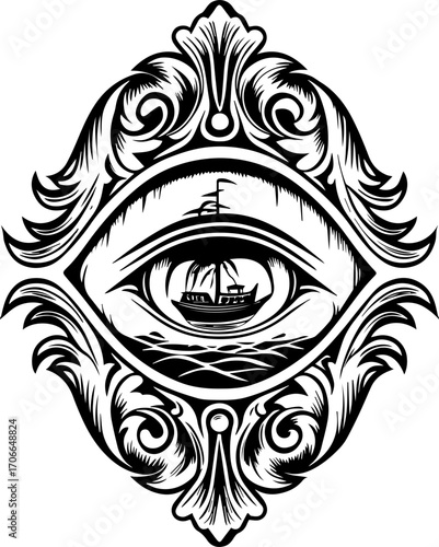 SVG tattoo portraits of ghostly sailors with skull motifs. Intricate Eye Illustration with Ship in Nautical Theme Design