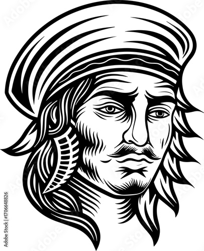 SVG tattoo portraits of ghostly sailors with skull motifs. Vintage Illustration of a Male Character with Hat and Long Hair