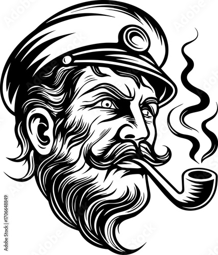 SVG tattoo portraits of ghostly sailors with skull motifs. Vintage Captain with Pipe and Cap Illustration in Bold Line Art Style