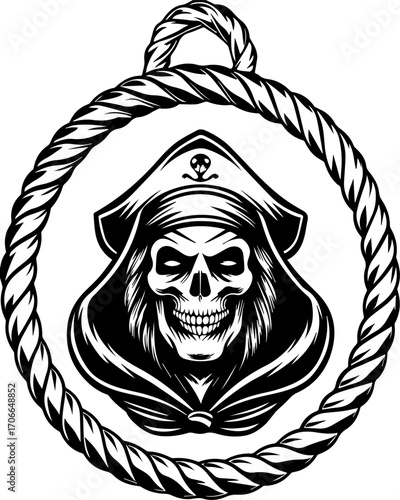 SVG tattoo portraits of ghostly sailors with skull motifs. Black and White Skull Design with Sailor Hat and Rope Border