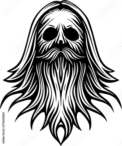 SVG tattoo portraits of ghostly sailors with skull motifs. Intricate Monochrome Skull with Flowing Hair and Beard Design