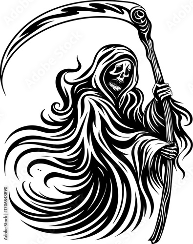SVG tattoo portraits of ghostly sailors with skull motifs. Grim Reaper with Scythe in Intricate Black and White Design