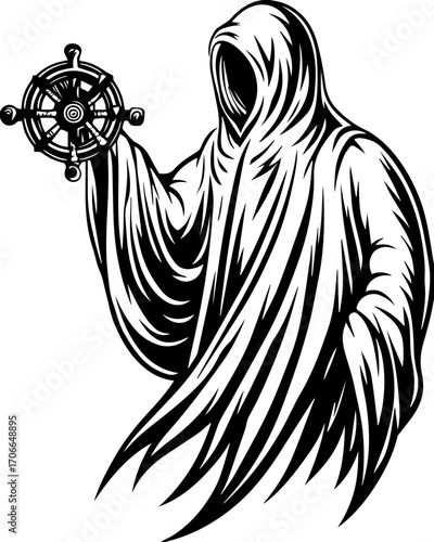 SVG tattoo portraits of ghostly sailors with skull motifs. Mysterious Hooded Figure Holding a Symbol of Enlightenment