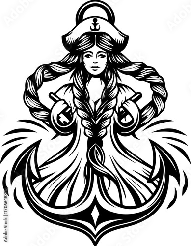 SVG tattoo portraits of ghostly sailors with skull motifs. Vintage Style Illustration of a Nautical Woman with Anchor Design