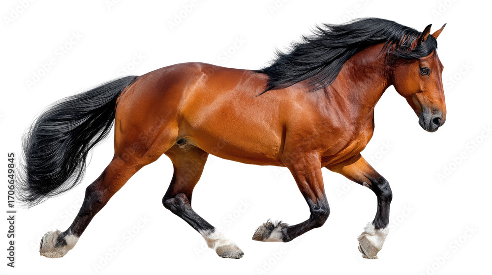Obraz premium Majestic Horse in Motion: A powerful and graceful horse gallops with a flowing mane and tail, exuding strength and freedom, in this expertly-captured equestrian portrait.