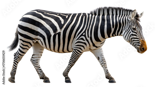 Zebra in Motion: A striking image of a zebra walking, its iconic black and white stripes creating a visual rhythm, highlighting the wild beauty of the animal in its natural elegance.