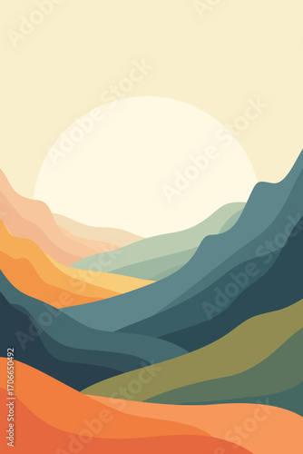 Colorful Mountain Landscape with Sunrise – Abstract Nature Peaks and Travel Vector Illustration