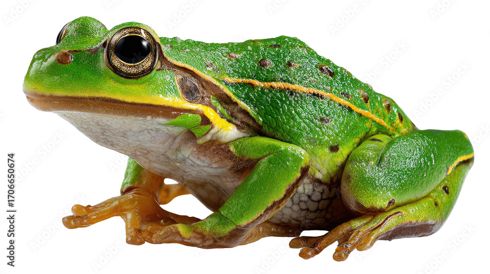 Obraz premium Green Frog: A close-up view of a vibrant green frog, with its smooth skin and expressive eyes. The frog sits gracefully, showcasing its amphibian characteristics in a captivating image.
