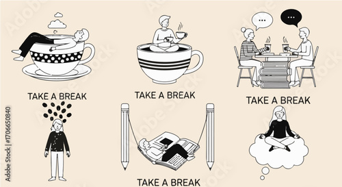 Illustration Set of People Taking a Break