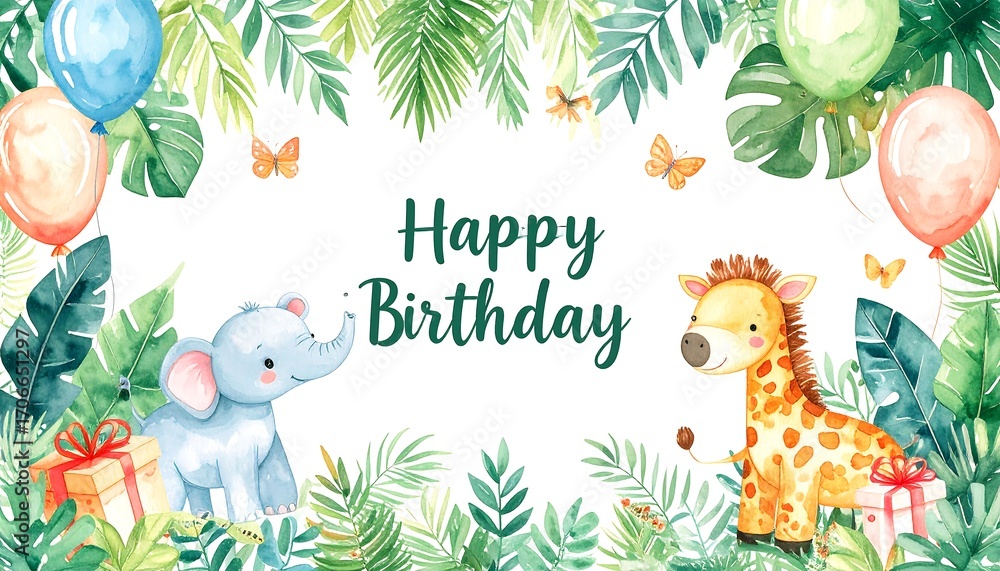 Fototapeta premium Watercolor birthday card with animals and balloons